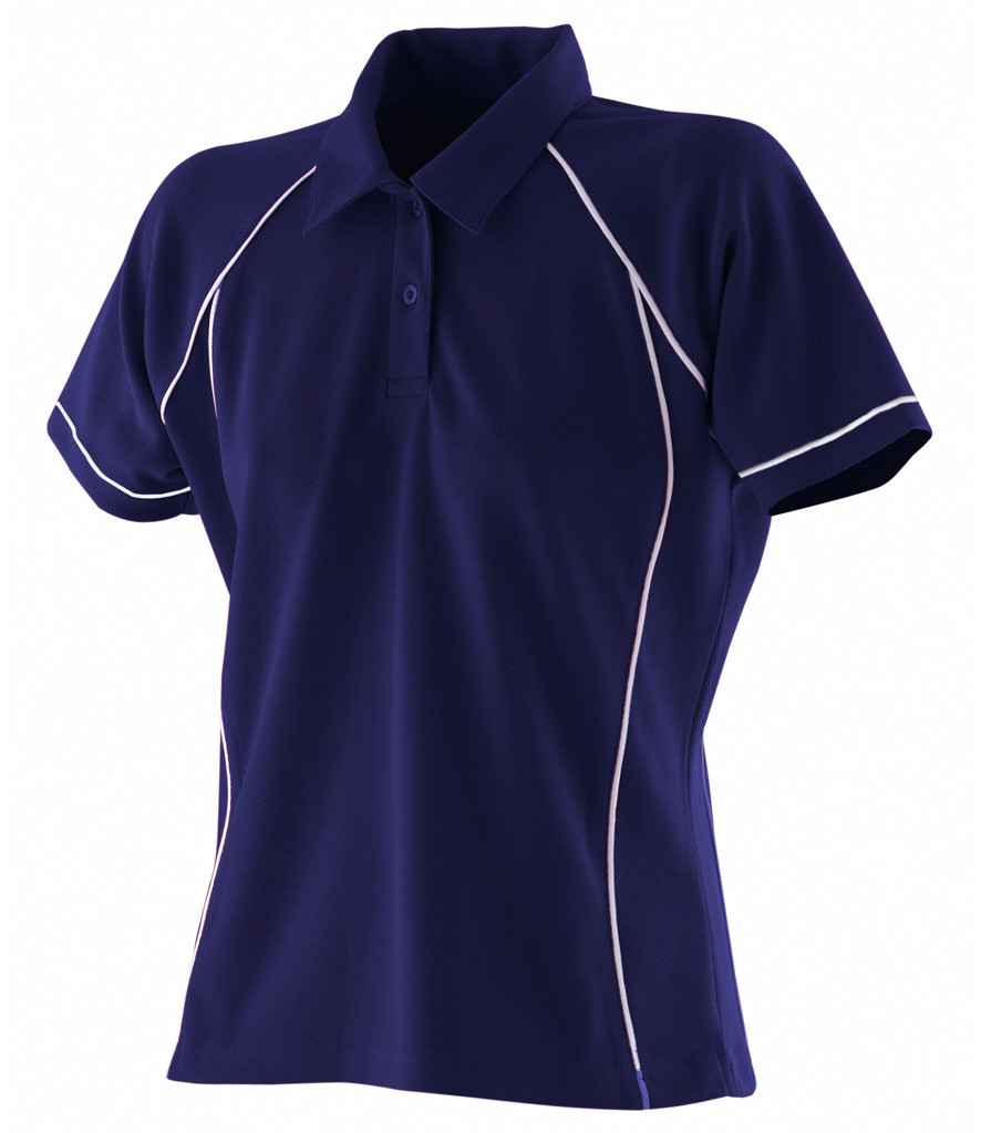 Finden and Hales Ladies Performance Piped Polo Shirt in Navy White by Finden + Hales — Custom branded clothing by Print Press, featuring premium embroidery produced in our specialist print lab in the UK.