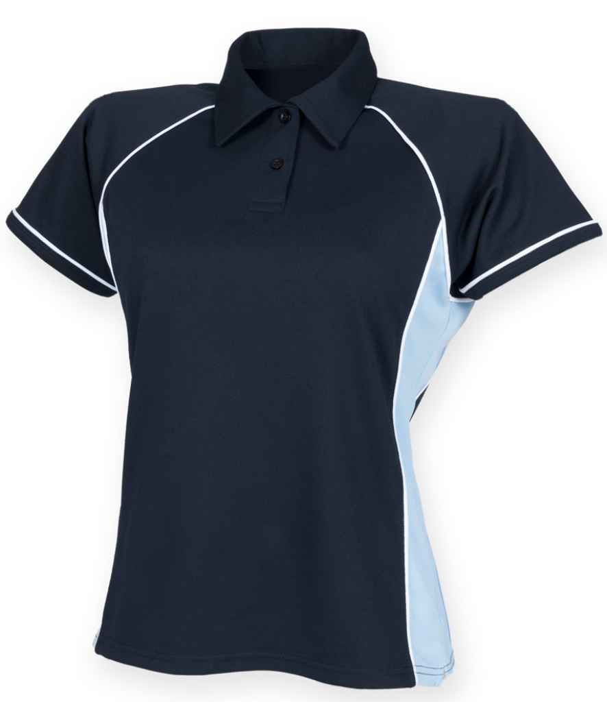 Finden and Hales Ladies Performance Piped Polo Shirt in Navy Sky Blue White by Finden + Hales — Custom branded clothing by Print Press, featuring premium embroidery produced in our specialist print lab in the UK.