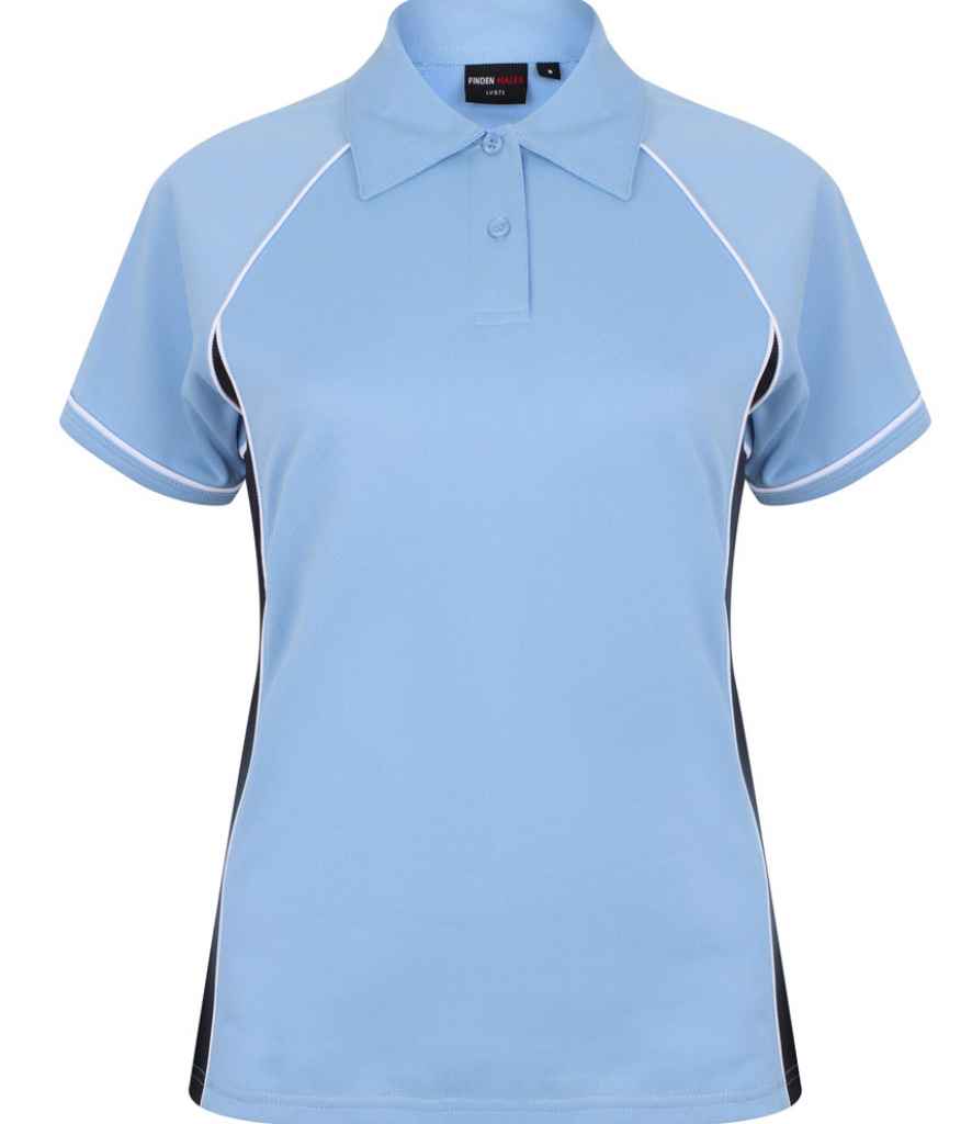 Finden and Hales Ladies Performance Piped Polo Shirt in Sky Blue Navy White by Finden + Hales — Custom branded clothing by Print Press, featuring premium embroidery produced in our specialist print lab in the UK.