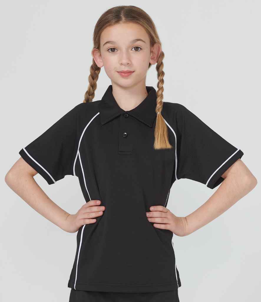 Finden and Hales Kids Performance Piped Polo Shirt in Black White by Finden + Hales — Custom branded clothing by Print Press, featuring premium embroidery produced in our specialist print lab in the UK.