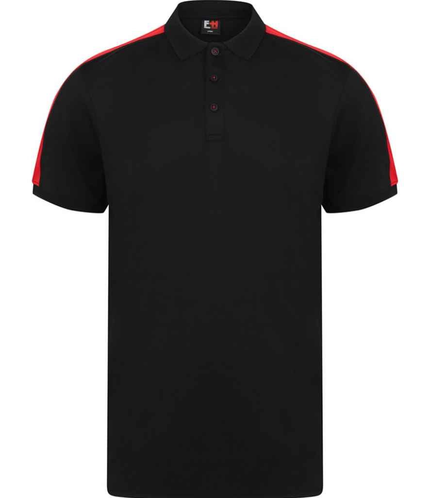 Finden and Hales Unisex Contrast Panel Pique Polo Shirt in Black Red by Finden + Hales — Custom branded clothing by Print Press, featuring premium embroidery produced in our specialist print lab in the UK.