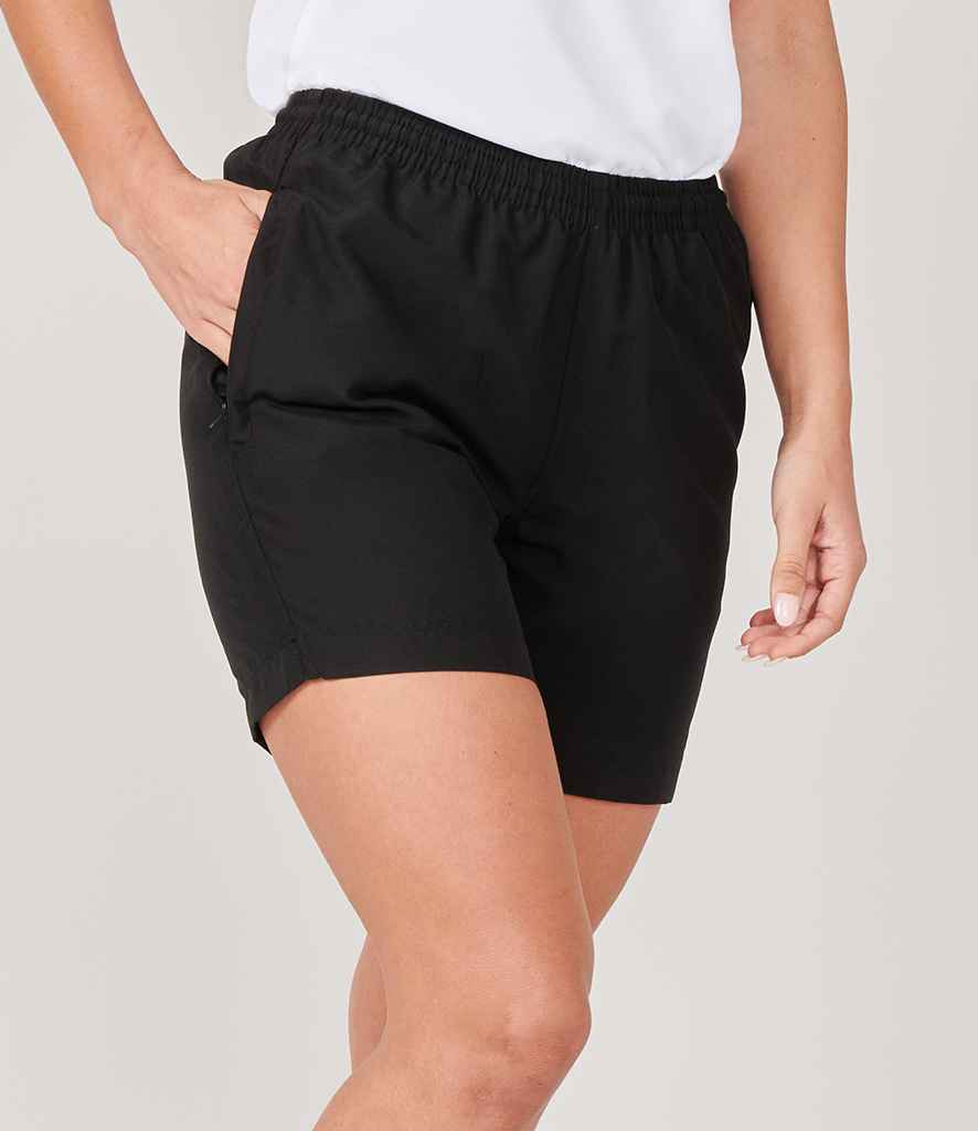 Finden and Hales Ladies Microfibre Shorts in Black by Finden + Hales — Custom branded clothing by Print Press, featuring premium embroidery produced in our specialist print lab in the UK.