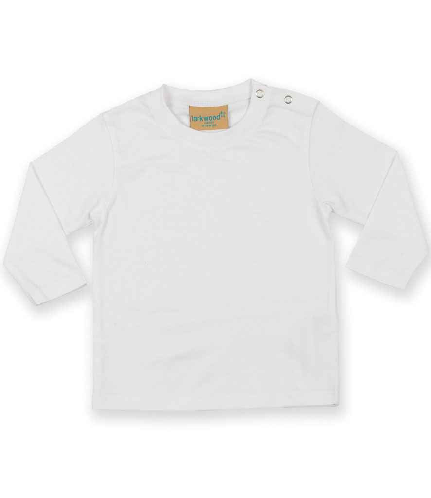 Larkwood Baby/Toddler Long Sleeve T-Shirt in White by Larkwood — Custom branded clothing by Print Press, featuring premium embroidery produced in our specialist print lab in the UK.