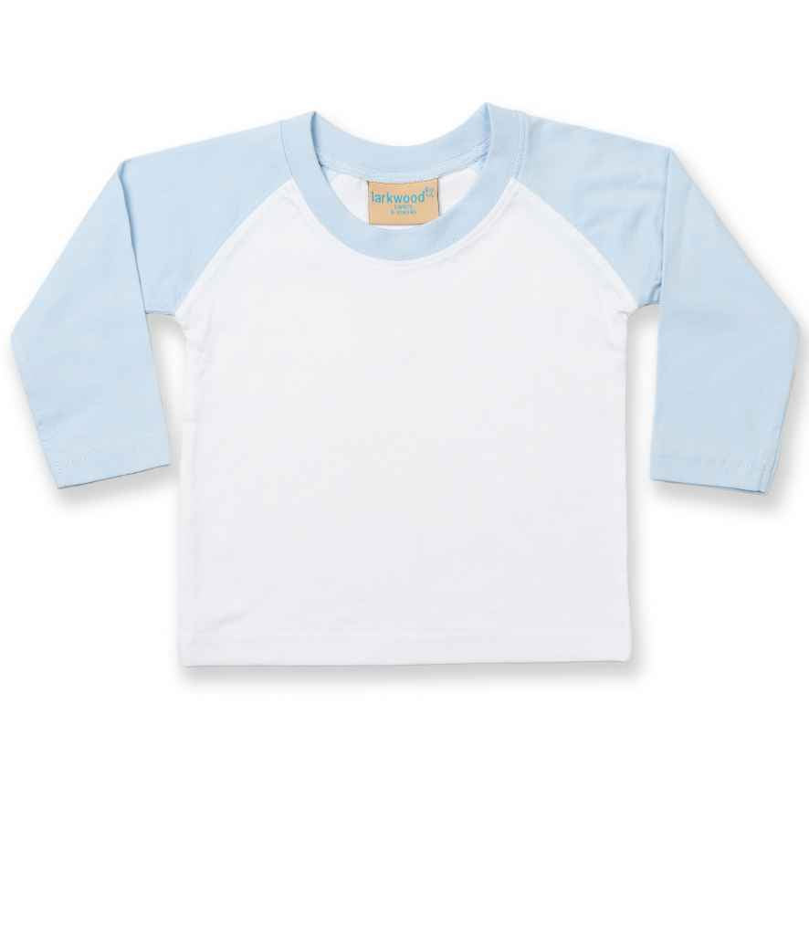 Larkwood Baby/Toddler Long Sleeve Baseball T-Shirt in White Pale Blue by Larkwood — Custom branded clothing by Print Press, featuring premium embroidery produced in our specialist print lab in the UK.