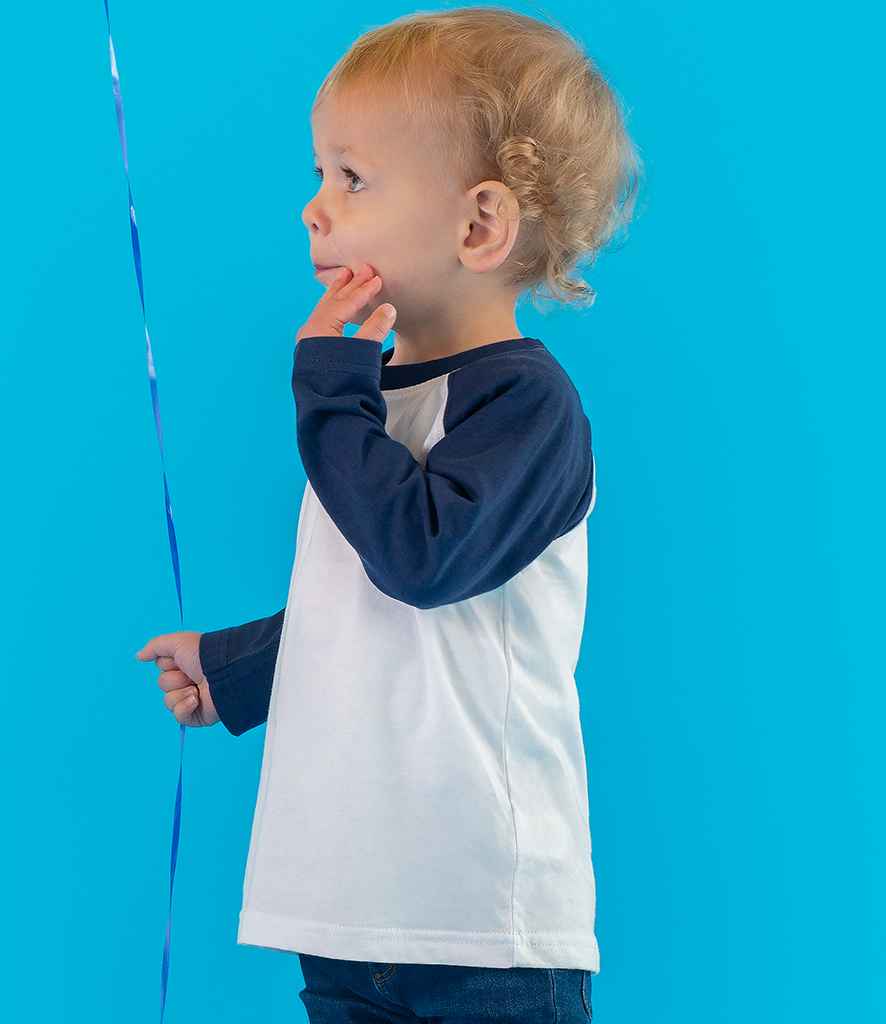 Larkwood Baby/Toddler Long Sleeve Baseball T-Shirt in White Navy by Larkwood — Custom branded clothing by Print Press, featuring premium embroidery produced in our specialist print lab in the UK.