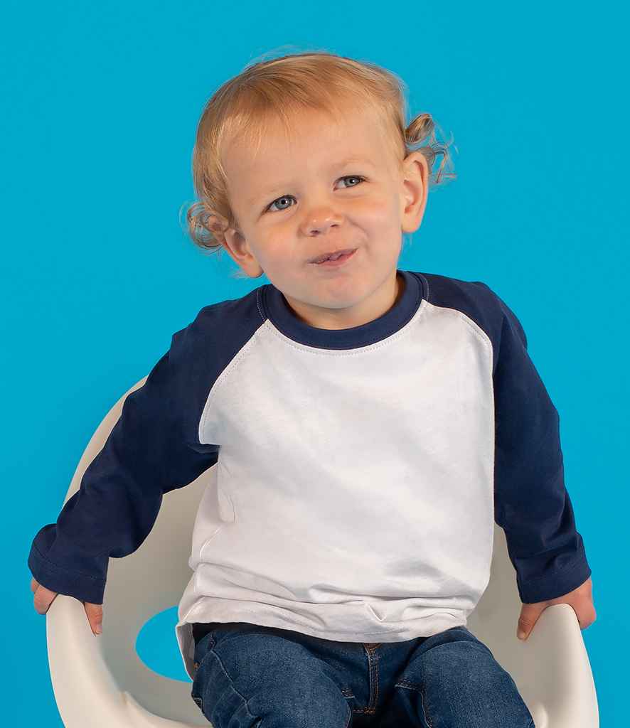 Larkwood Baby/Toddler Long Sleeve Baseball T-Shirt in by Larkwood — Custom branded clothing by Print Press, featuring premium embroidery produced in our specialist print lab in the UK.