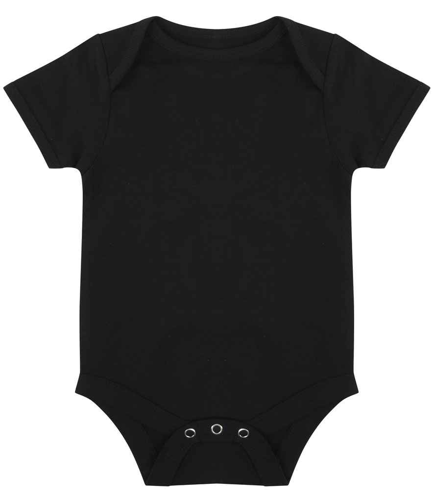 Larkwood Essential Short Sleeve Baby Bodysuit in Black by Larkwood — Custom branded clothing by Print Press, featuring premium embroidery produced in our specialist print lab in the UK.