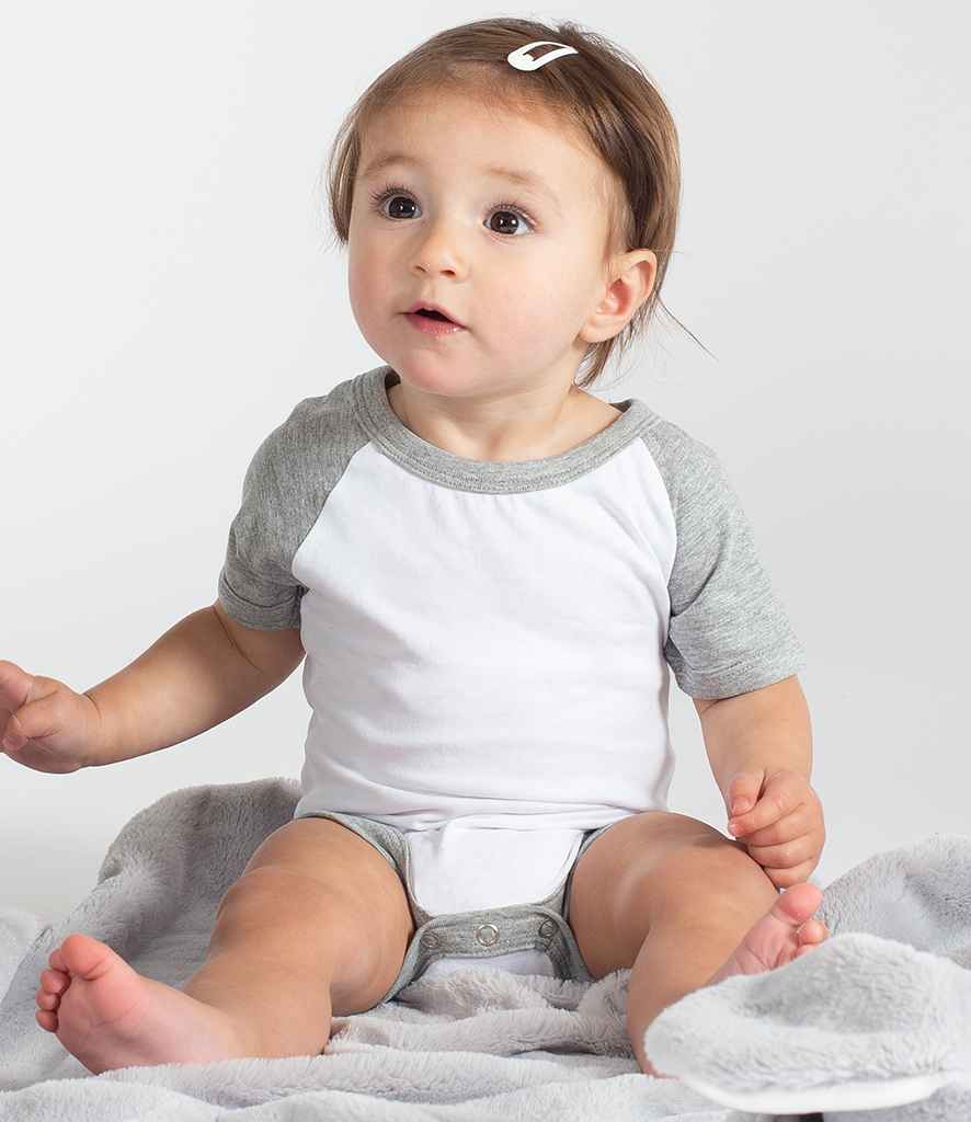 Larkwood Essential Short Sleeve Baby Baseball Bodysuit in White Heather Grey by Larkwood — Custom branded clothing by Print Press, featuring premium embroidery produced in our specialist print lab in the UK.