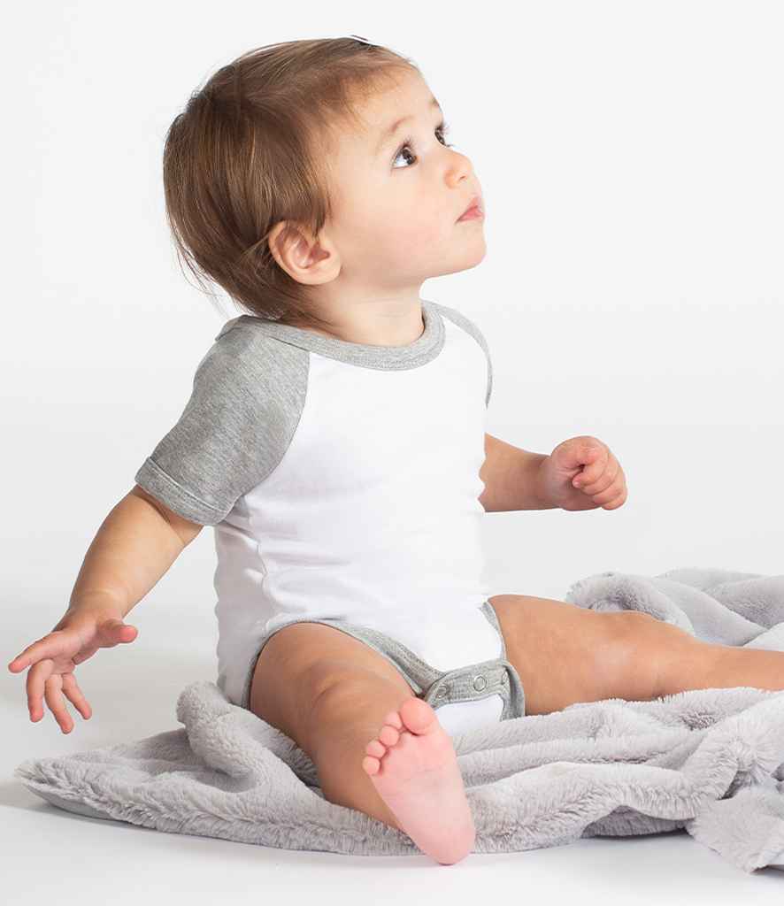 Larkwood Essential Short Sleeve Baby Baseball Bodysuit in by Larkwood — Custom branded clothing by Print Press, featuring premium embroidery produced in our specialist print lab in the UK.