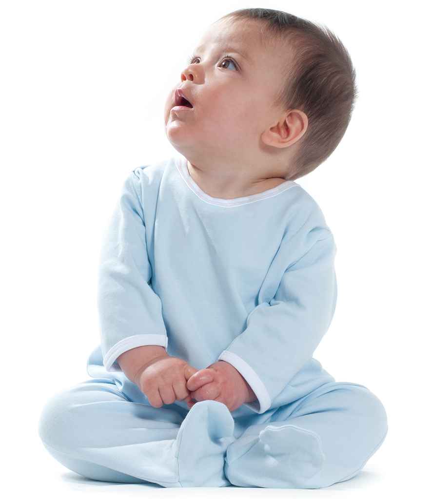 Larkwood Contrast Baby Sleepsuit in Pale Blue White by Larkwood — Custom branded clothing by Print Press, featuring premium embroidery produced in our specialist print lab in the UK.