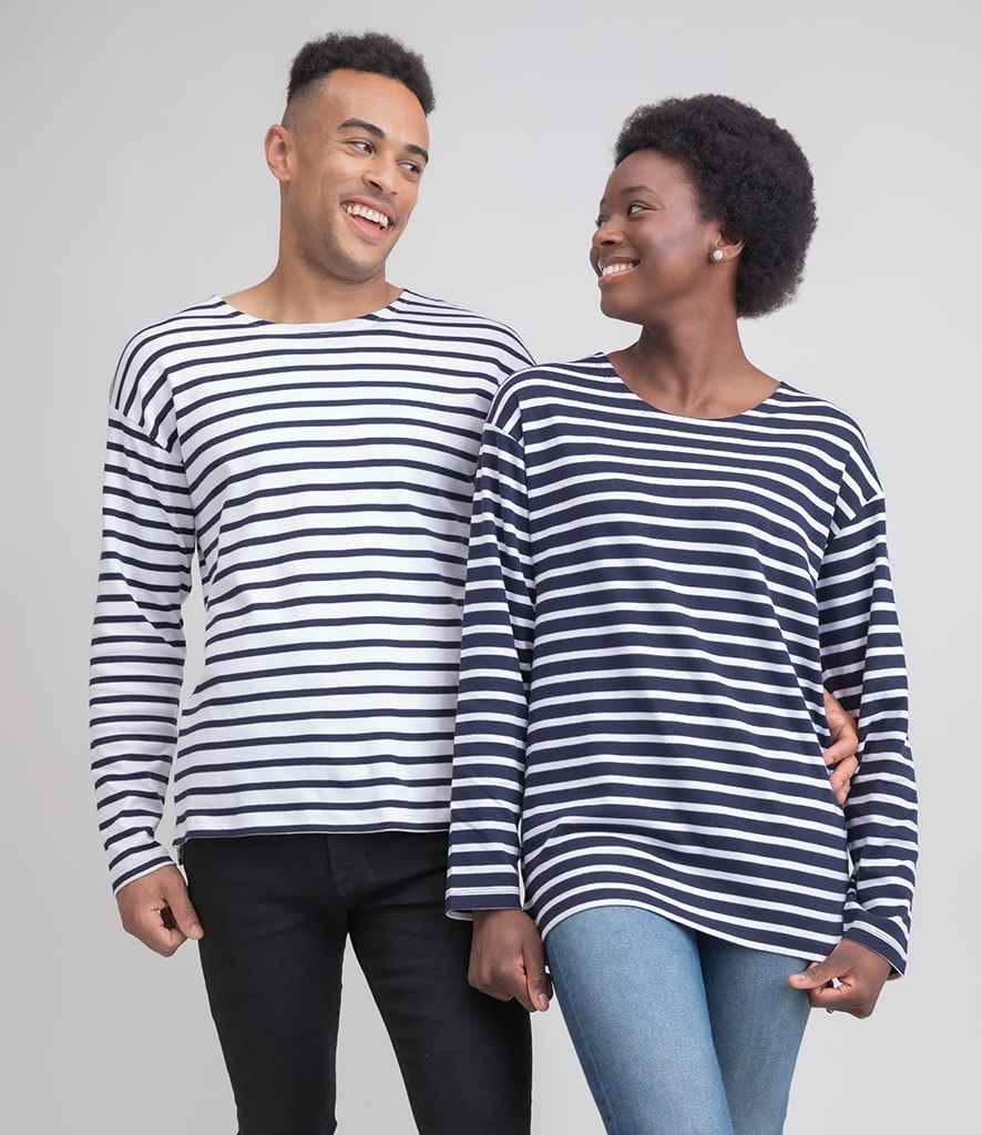 One By Mantis Unisex Long Sleeve Breton Stripe T-Shirt in Navy White by Mantis — Custom branded clothing by Print Press, featuring premium embroidery produced in our specialist print lab in the UK.