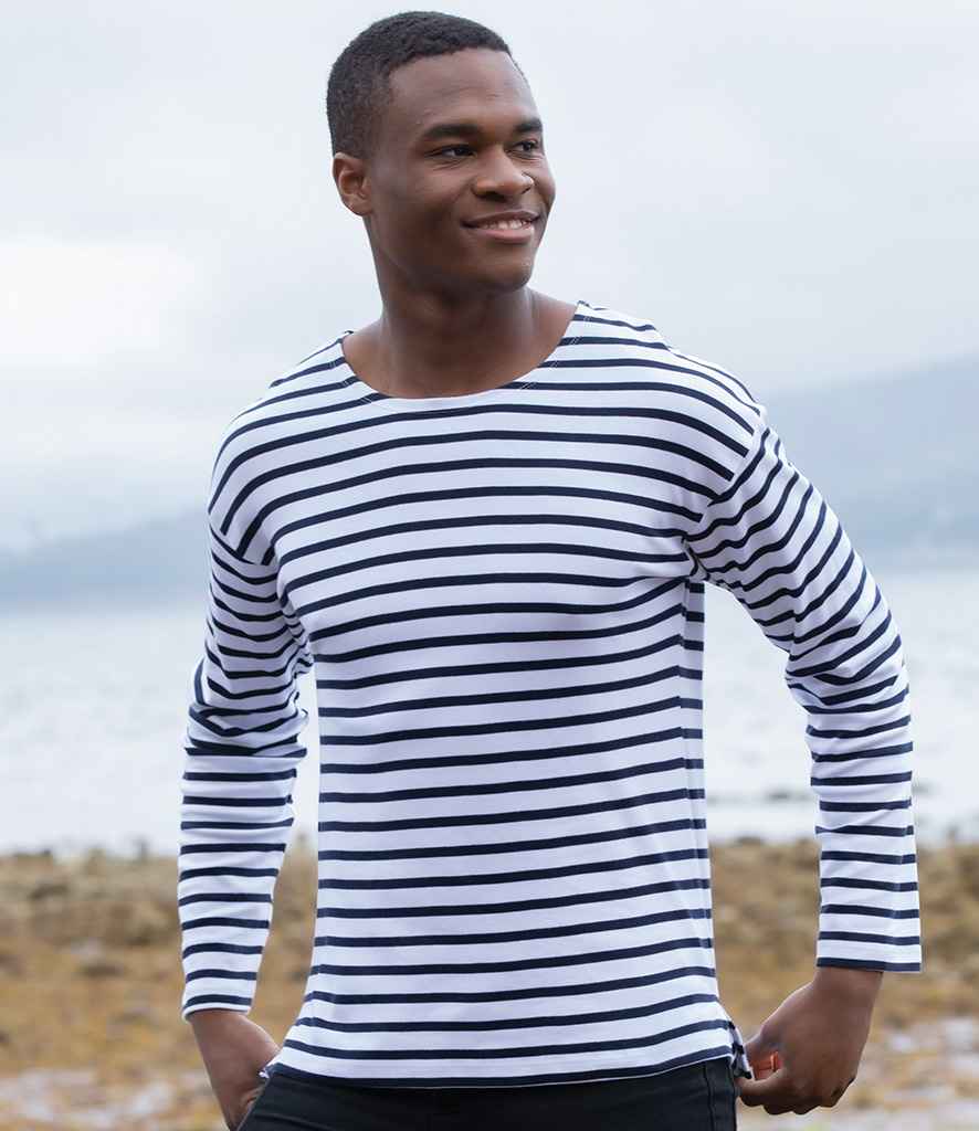 One By Mantis Unisex Long Sleeve Breton Stripe T-Shirt in White Navy by Mantis — Custom branded clothing by Print Press, featuring premium embroidery produced in our specialist print lab in the UK.