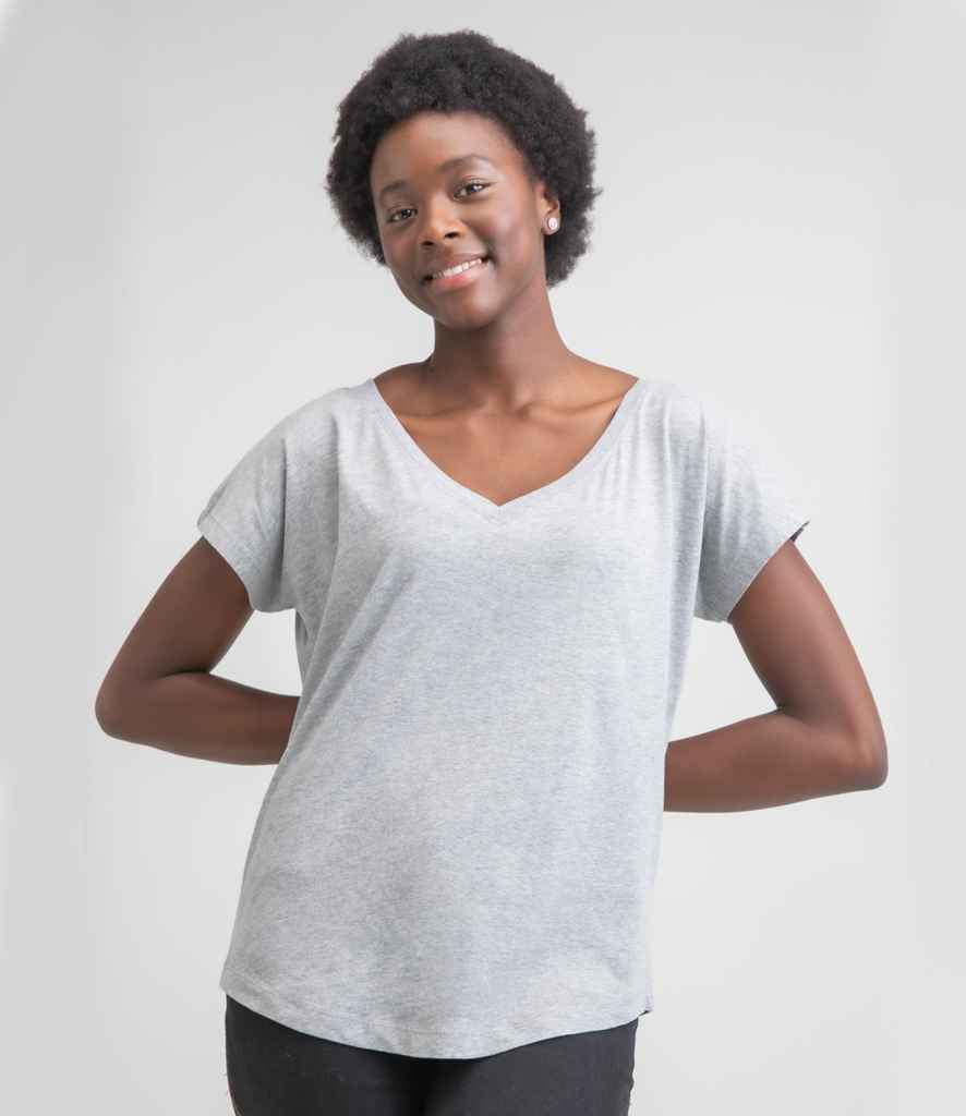 Mantis Ladies Loose Fit V Neck T-Shirt in Heather Marl by Mantis — Custom branded clothing by Print Press, featuring premium embroidery produced in our specialist print lab in the UK.