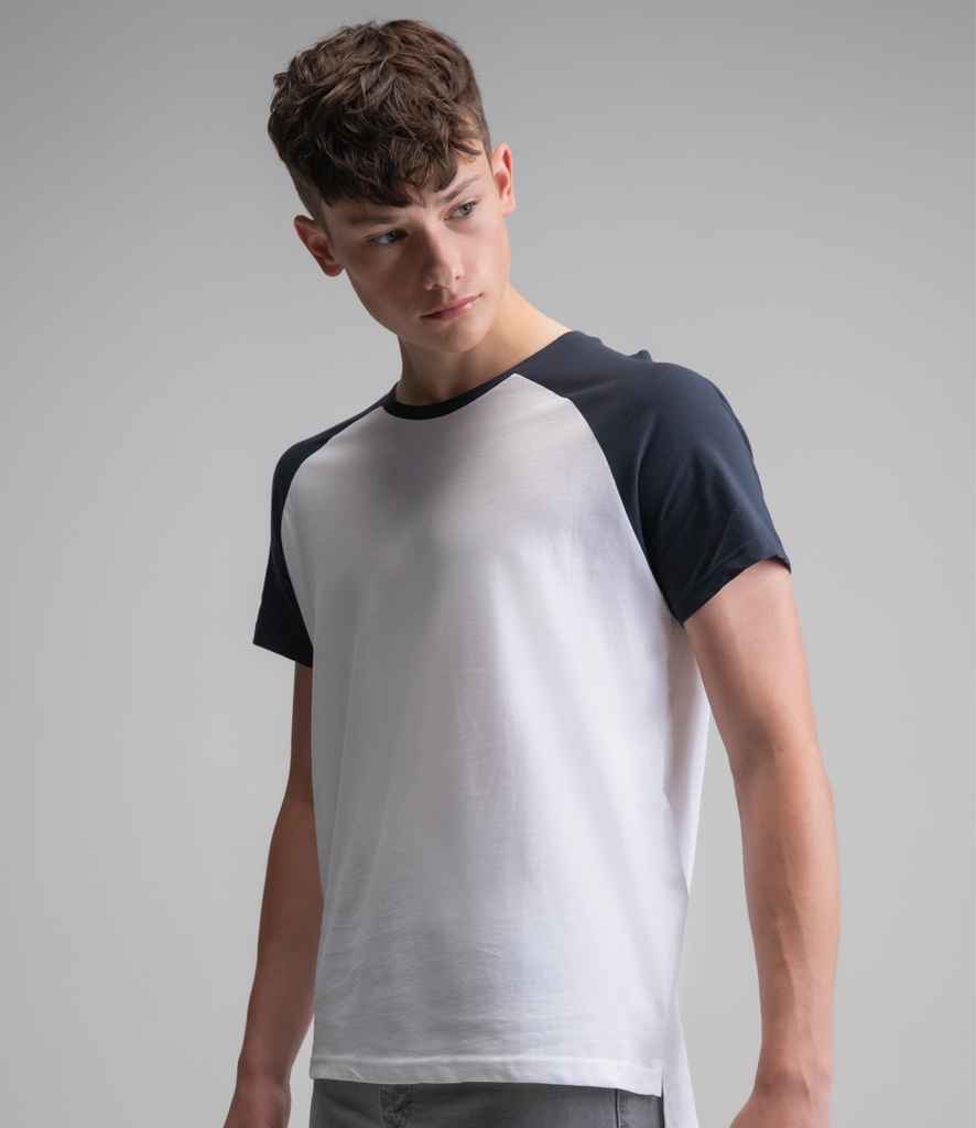 Superstar by Mantis Contrast Baseball T-Shirt in Pure White Dark Navy by Superstar by Mantis — Custom branded clothing by Print Press, featuring premium embroidery produced in our specialist print lab in the UK.