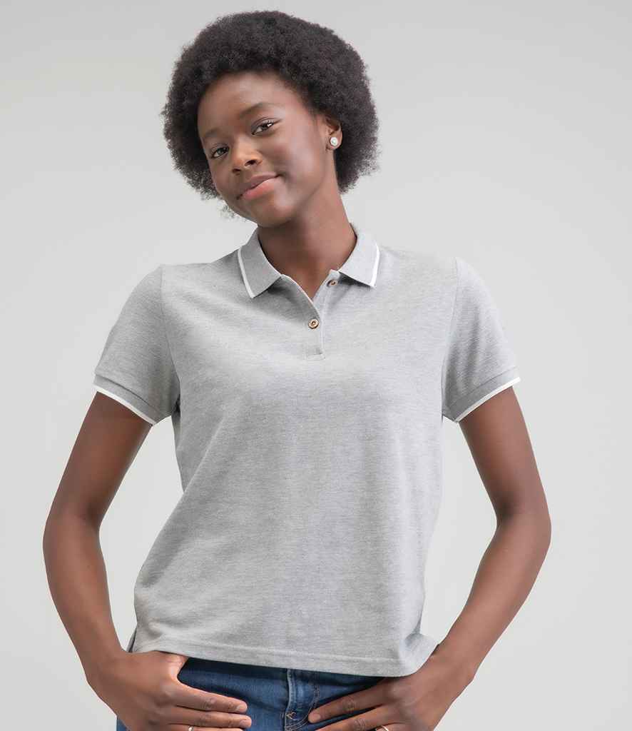 Mantis Ladies The Tipped Polo Shirt in Heather Marl White by Mantis — Custom branded clothing by Print Press, featuring premium embroidery produced in our specialist print lab in the UK.