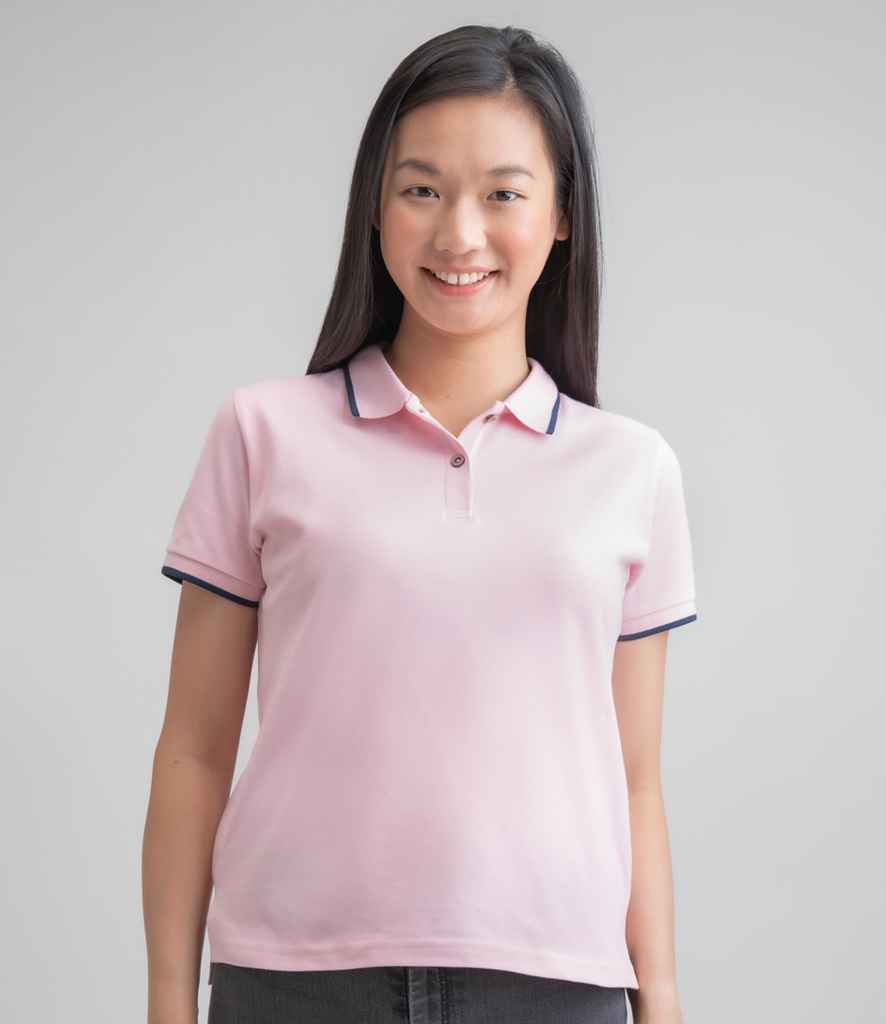 Mantis Ladies The Tipped Polo Shirt in Soft Pink Navy by Mantis — Custom branded clothing by Print Press, featuring premium embroidery produced in our specialist print lab in the UK.