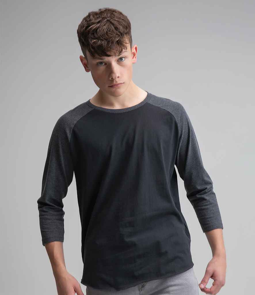Superstar by Mantis Unisex 3/4 Sleeve Baseball T-Shirt in Black Charcoal Marl by Superstar by Mantis — Custom branded clothing by Print Press, featuring premium embroidery produced in our specialist print lab in the UK.