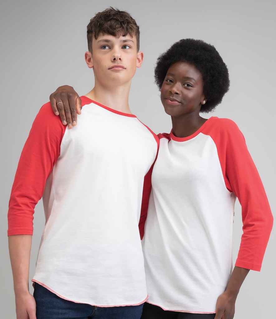 Superstar by Mantis Unisex 3/4 Sleeve Baseball T-Shirt in Washed White Warm Red by Superstar by Mantis — Custom branded clothing by Print Press, featuring premium embroidery produced in our specialist print lab in the UK.