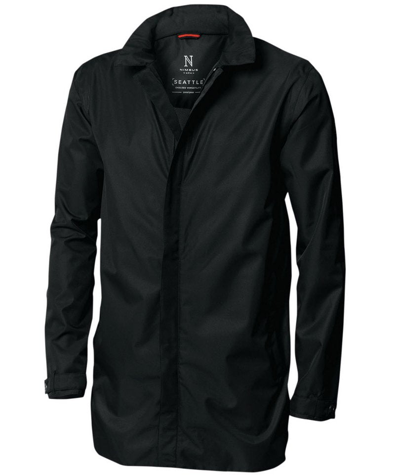 Seattle Waterproof Business Coat in Black by Nimbus — Custom branded clothing by Print Press, featuring premium embroidery produced in our specialist print lab in the UK.