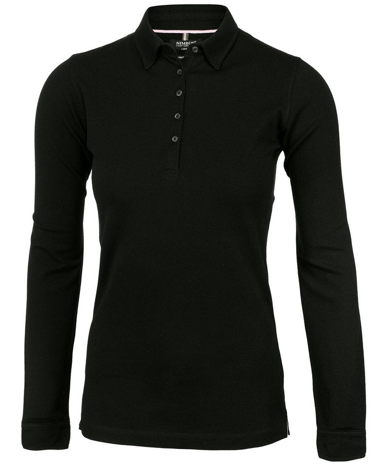 Women's Carlington Deluxe Long Sleeve Polo in Black by Nimbus — Custom branded clothing by Print Press, featuring premium embroidery produced in our specialist print lab in the UK.