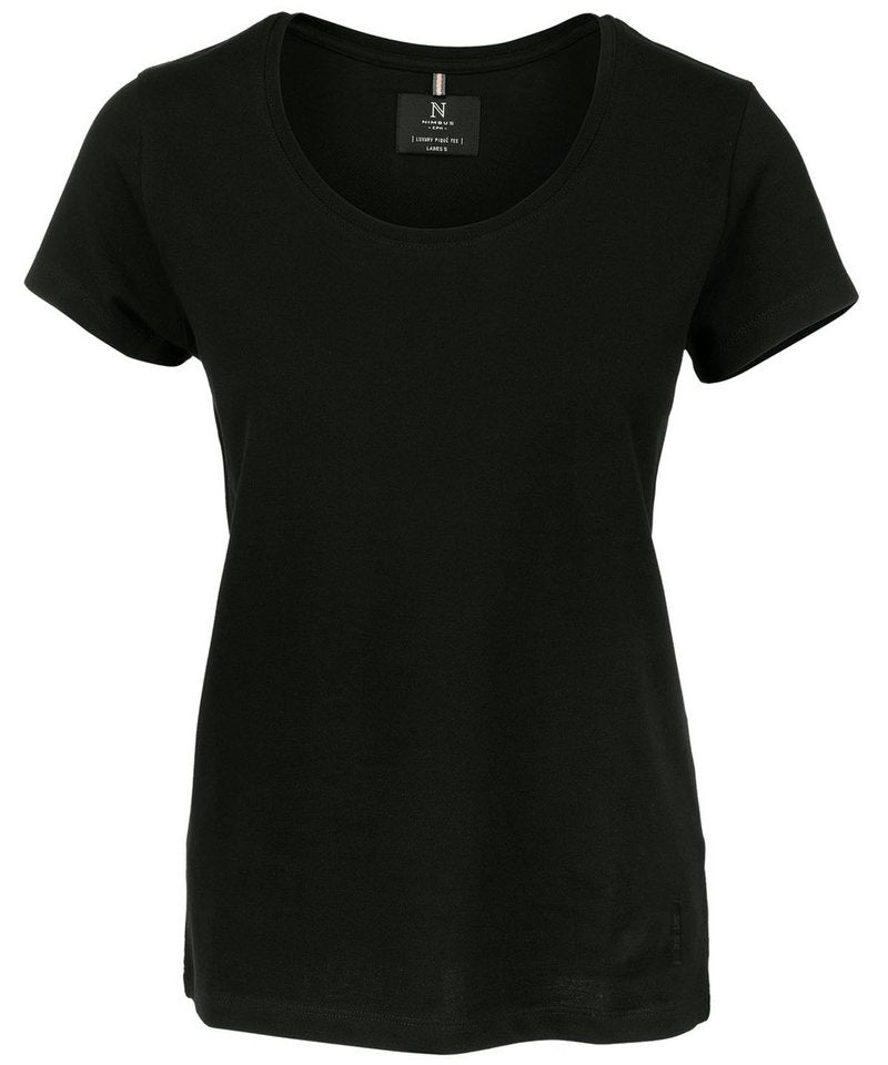 Women's Danbury Pique Tee in Black by Nimbus — Custom branded clothing by Print Press, featuring premium embroidery produced in our specialist print lab in the UK.