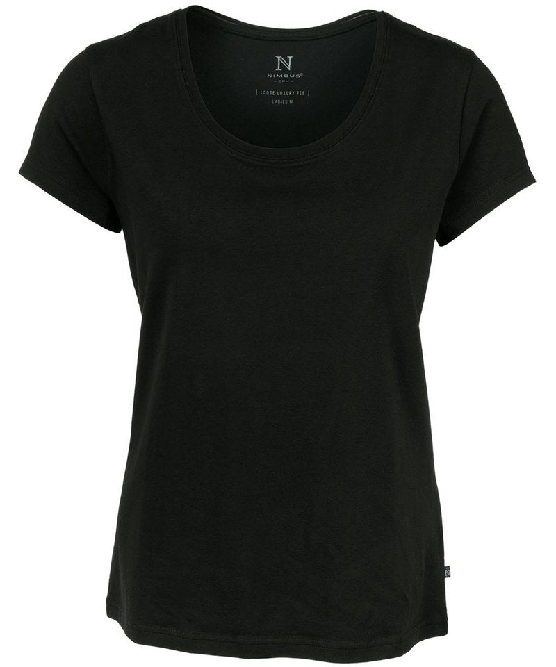 Women's Montauk Essential Tee in Black by Nimbus — Custom branded clothing by Print Press, featuring premium embroidery produced in our specialist print lab in the UK.