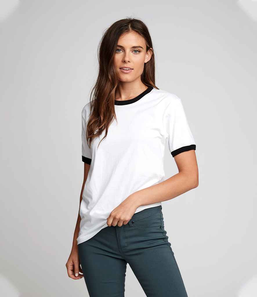 Next Level Apparel Unisex Cotton Ringer T-Shirt in White Black by Next Level Apparel — Custom branded clothing by Print Press, featuring premium embroidery produced in our specialist print lab in the UK.