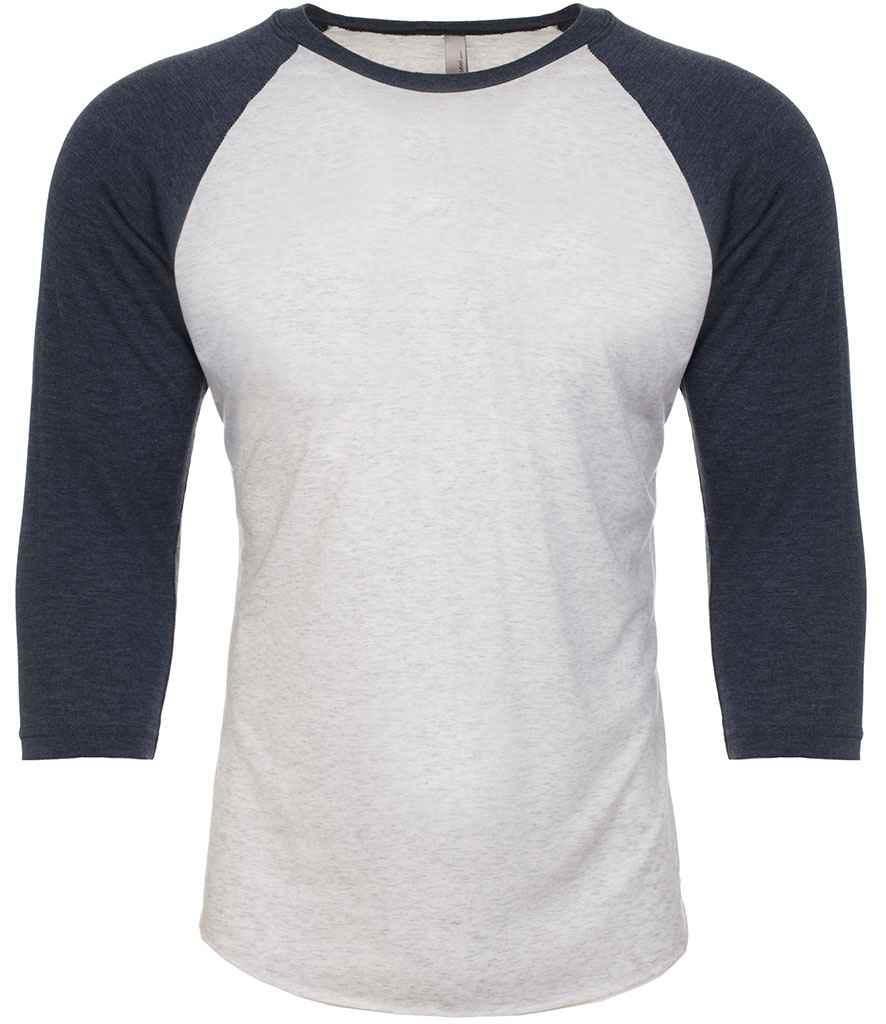 Next Level Apparel Unisex Tri-Blend 3/4 Sleeve Raglan T-Shirt in Indigo Heather White by Next Level Apparel — Custom branded clothing by Print Press, featuring premium embroidery produced in our specialist print lab in the UK.