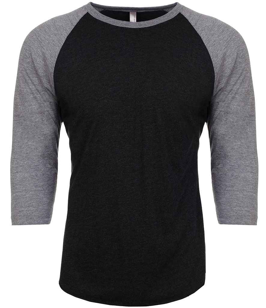 Next Level Apparel Unisex Tri-Blend 3/4 Sleeve Raglan T-Shirt in Premium Heather Vintage Black by Next Level Apparel — Custom branded clothing by Print Press, featuring premium embroidery produced in our specialist print lab in the UK.