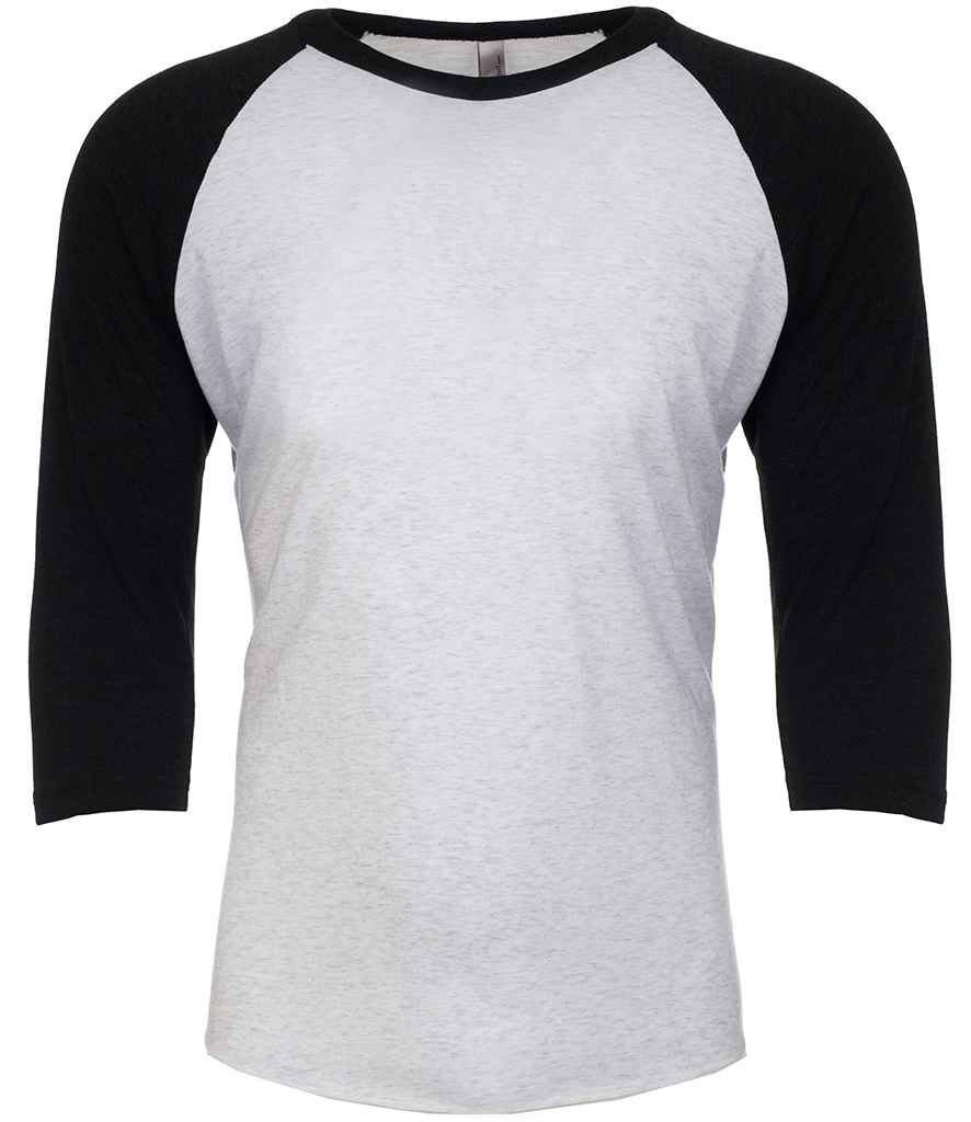 Next Level Apparel Unisex Tri-Blend 3/4 Sleeve Raglan T-Shirt in Vintage Black Heather White by Next Level Apparel — Custom branded clothing by Print Press, featuring premium embroidery produced in our specialist print lab in the UK.