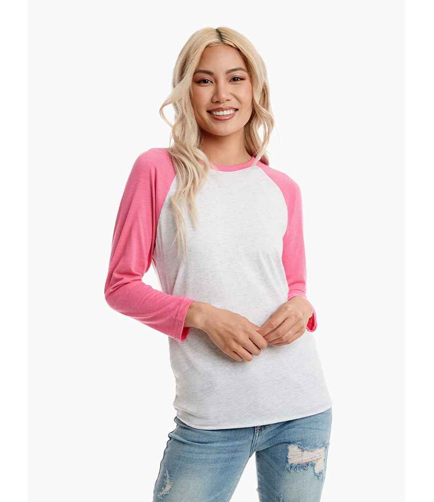 Next Level Apparel Unisex Tri-Blend 3/4 Sleeve Raglan T-Shirt in Vintage Pink Heather White by Next Level Apparel — Custom branded clothing by Print Press, featuring premium embroidery produced in our specialist print lab in the UK.