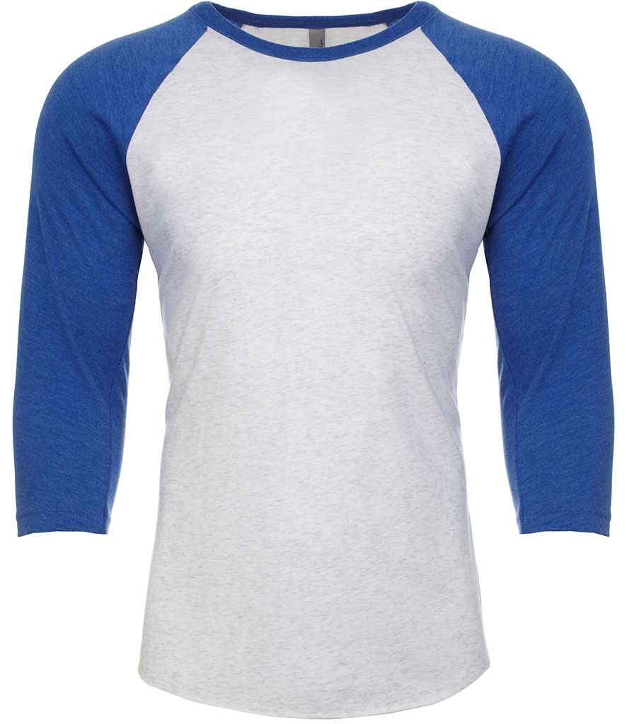 Next Level Apparel Unisex Tri-Blend 3/4 Sleeve Raglan T-Shirt in Vintage Royal Blue Heather White by Next Level Apparel — Custom branded clothing by Print Press, featuring premium embroidery produced in our specialist print lab in the UK.