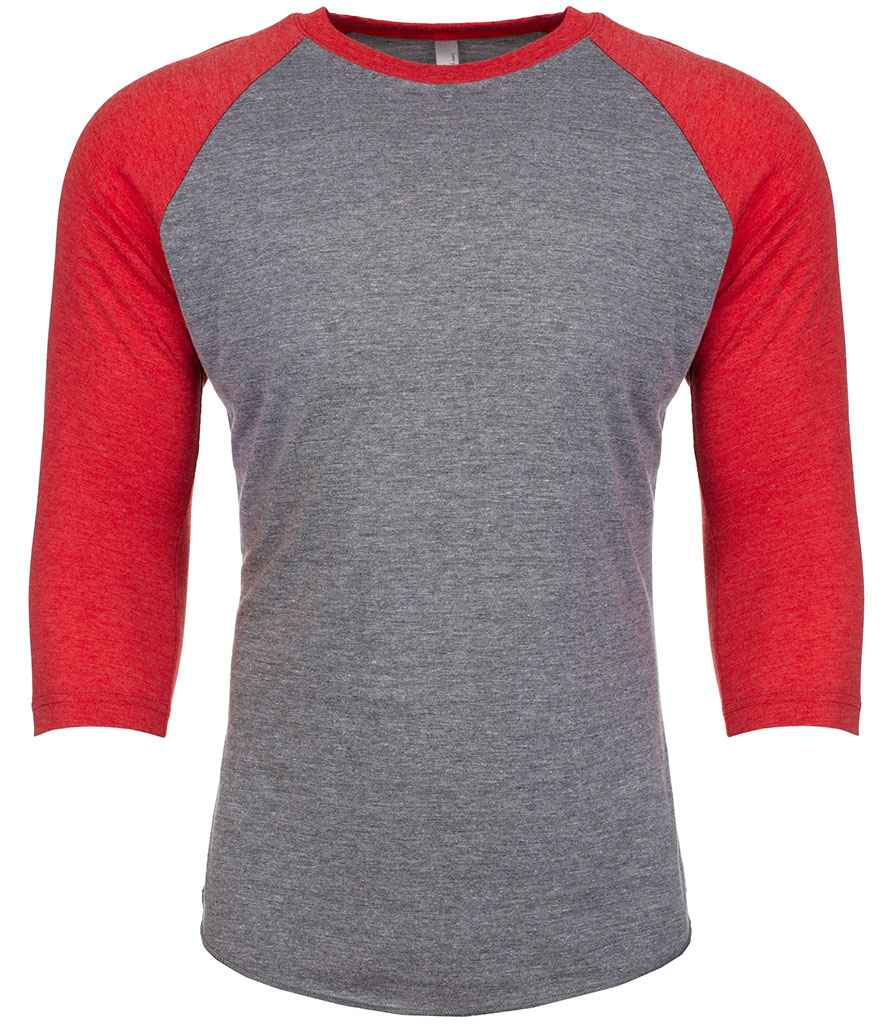 Next Level Apparel Unisex Tri-Blend 3/4 Sleeve Raglan T-Shirt in Vintage Red Premium Heather by Next Level Apparel — Custom branded clothing by Print Press, featuring premium embroidery produced in our specialist print lab in the UK.