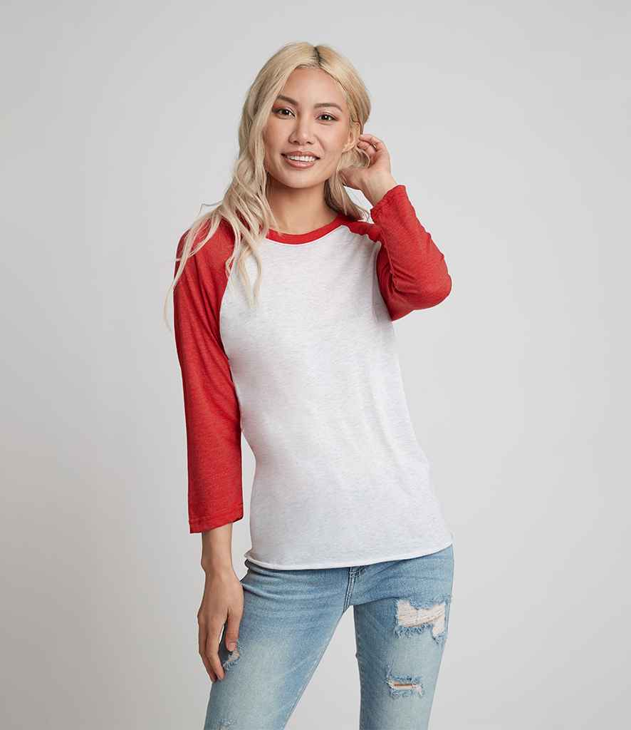 Next Level Apparel Unisex Tri-Blend 3/4 Sleeve Raglan T-Shirt in Vintage Red Heather White by Next Level Apparel — Custom branded clothing by Print Press, featuring premium embroidery produced in our specialist print lab in the UK.