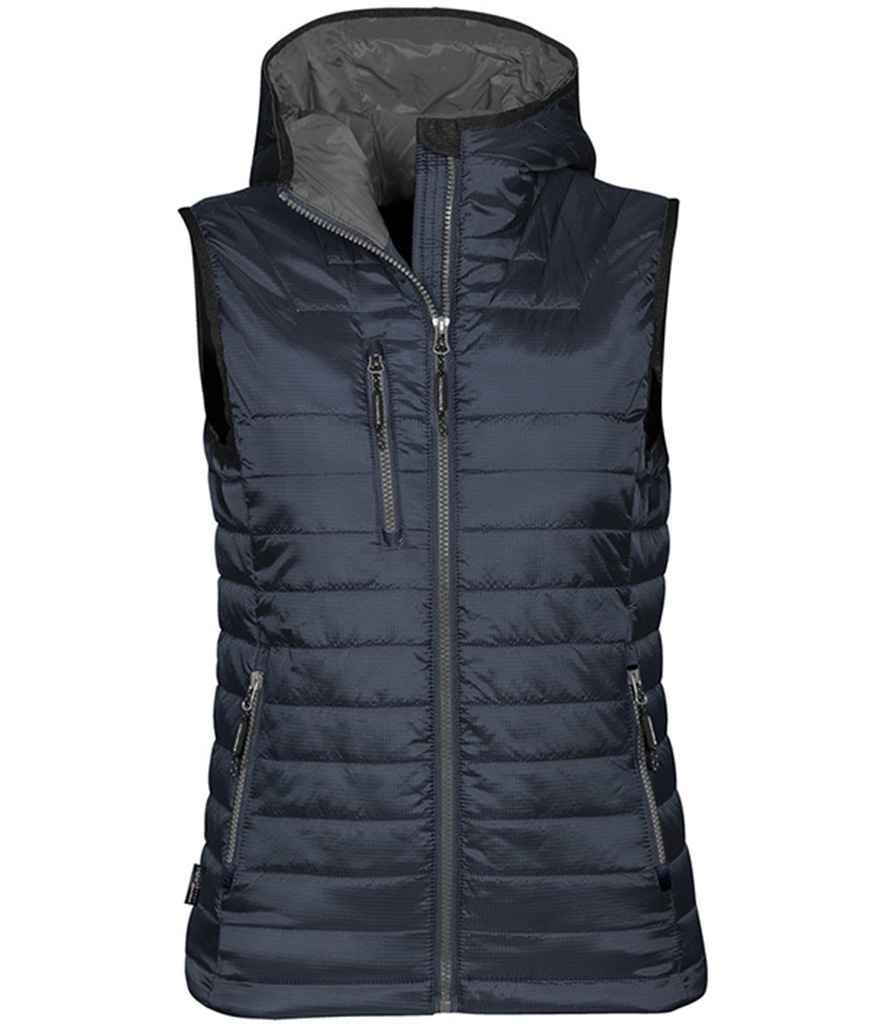 Stormtech Ladies Gravity Bodywarmer in Navy Charcoal by Stormtech — Custom branded clothing by Print Press, featuring premium embroidery produced in our specialist print lab in the UK.