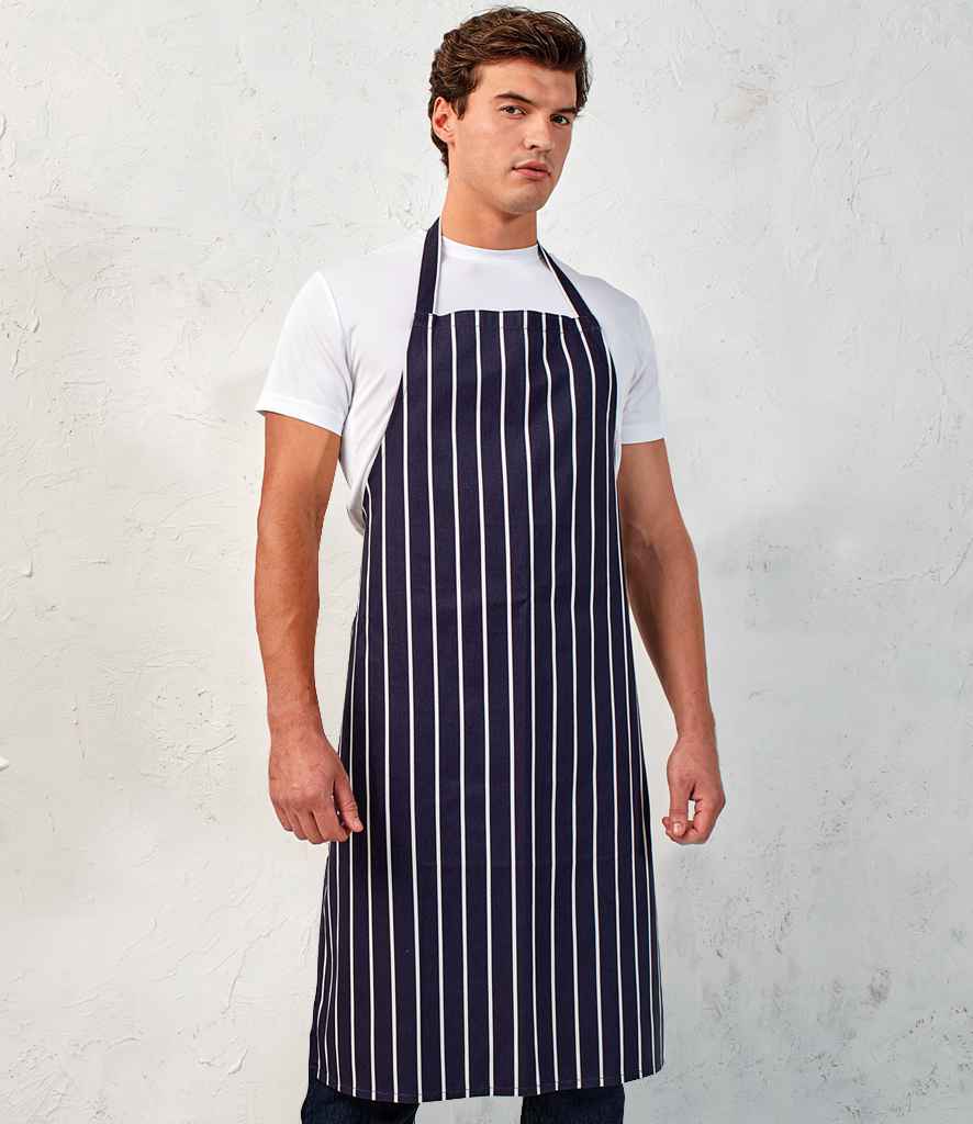 Premier Stripe Apron in ONE Navy White by Premier — Custom branded clothing by Print Press, featuring premium embroidery produced in our specialist print lab in the UK.