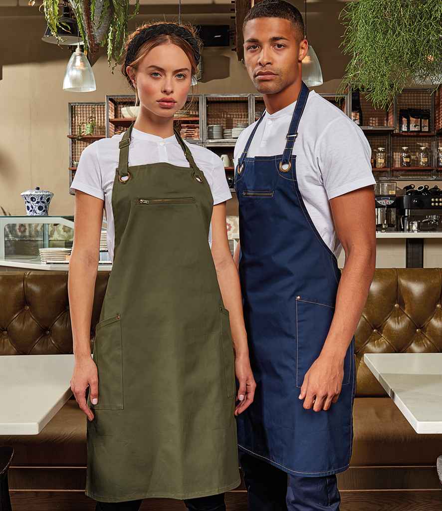 Premier Barley Sustainable Bib Apron in ONE Navy Camel by Premier — Custom branded clothing by Print Press, featuring premium embroidery produced in our specialist print lab in the UK.