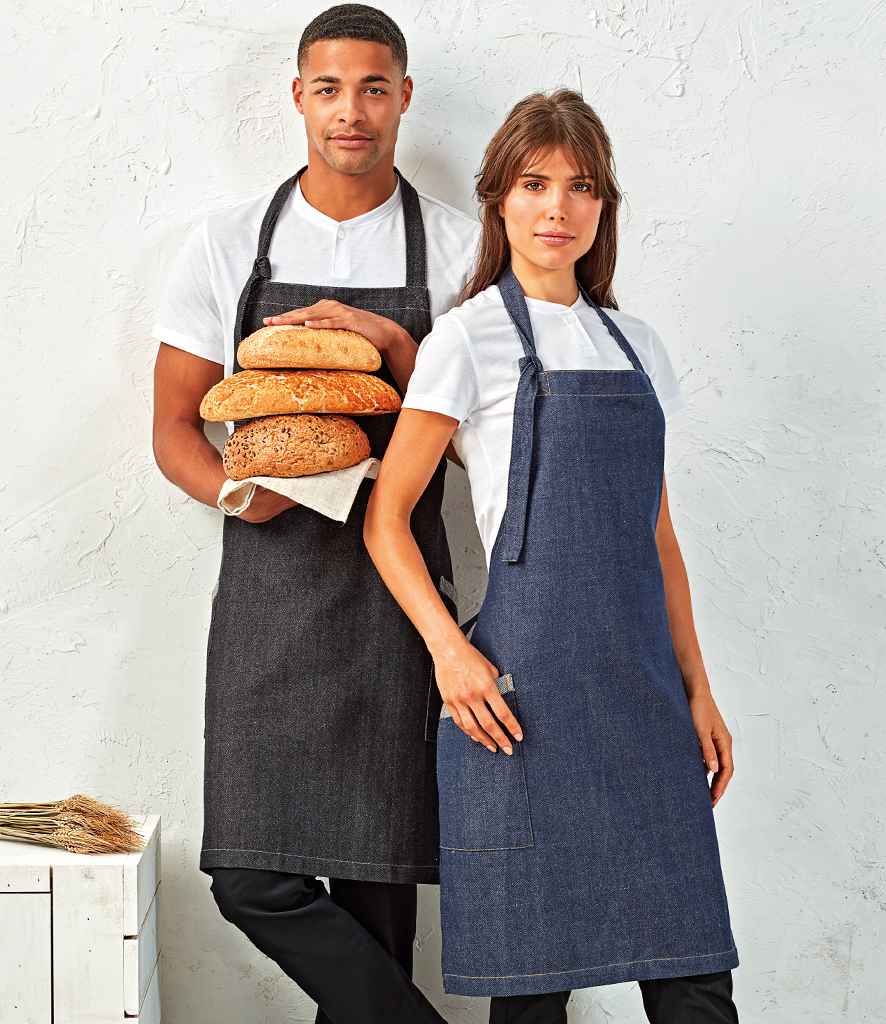 Premier Regenerate Sustainable Bib Apron in ONE Indigo Denim by Premier — Custom branded clothing by Print Press, featuring premium embroidery produced in our specialist print lab in the UK.