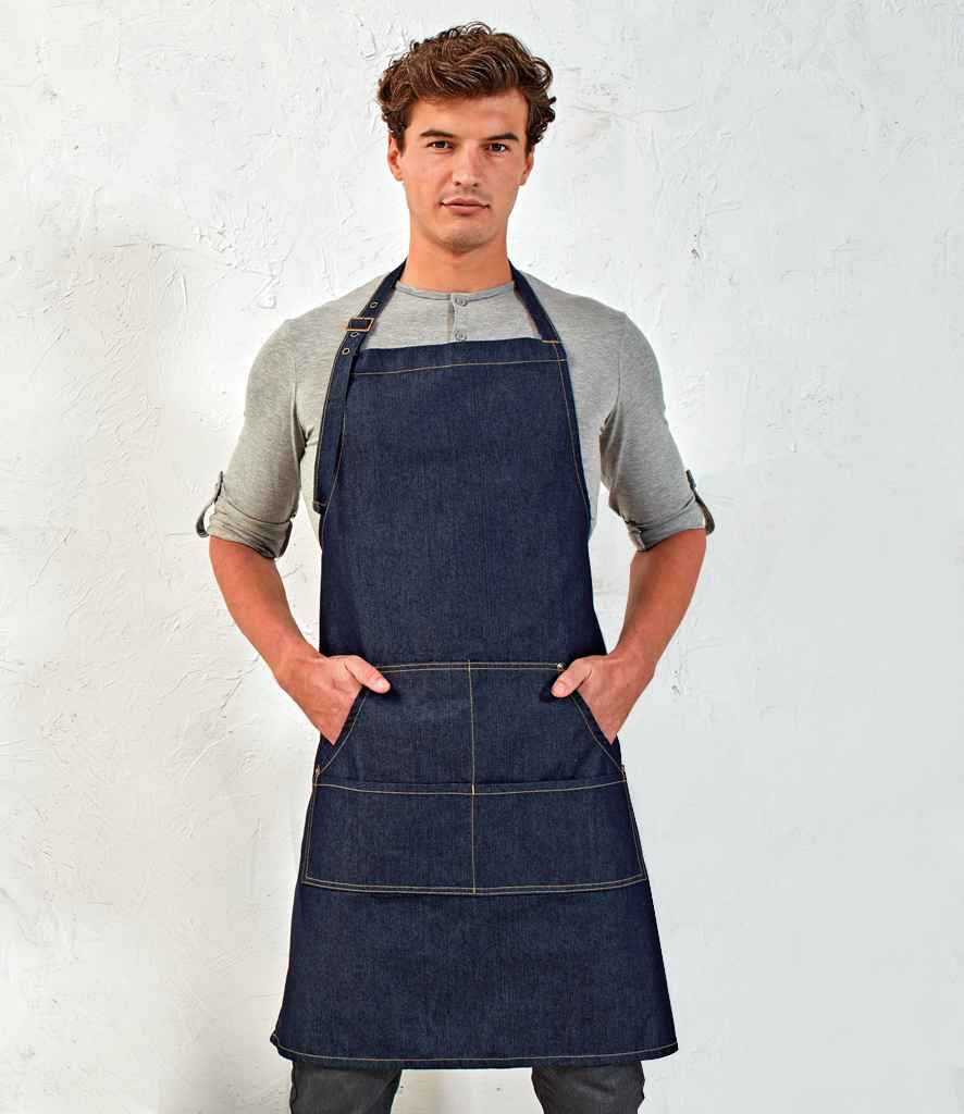 Premier Denim Bib Apron in ONE Indigo Denim by Premier — Custom branded clothing by Print Press, featuring premium embroidery produced in our specialist print lab in the UK.