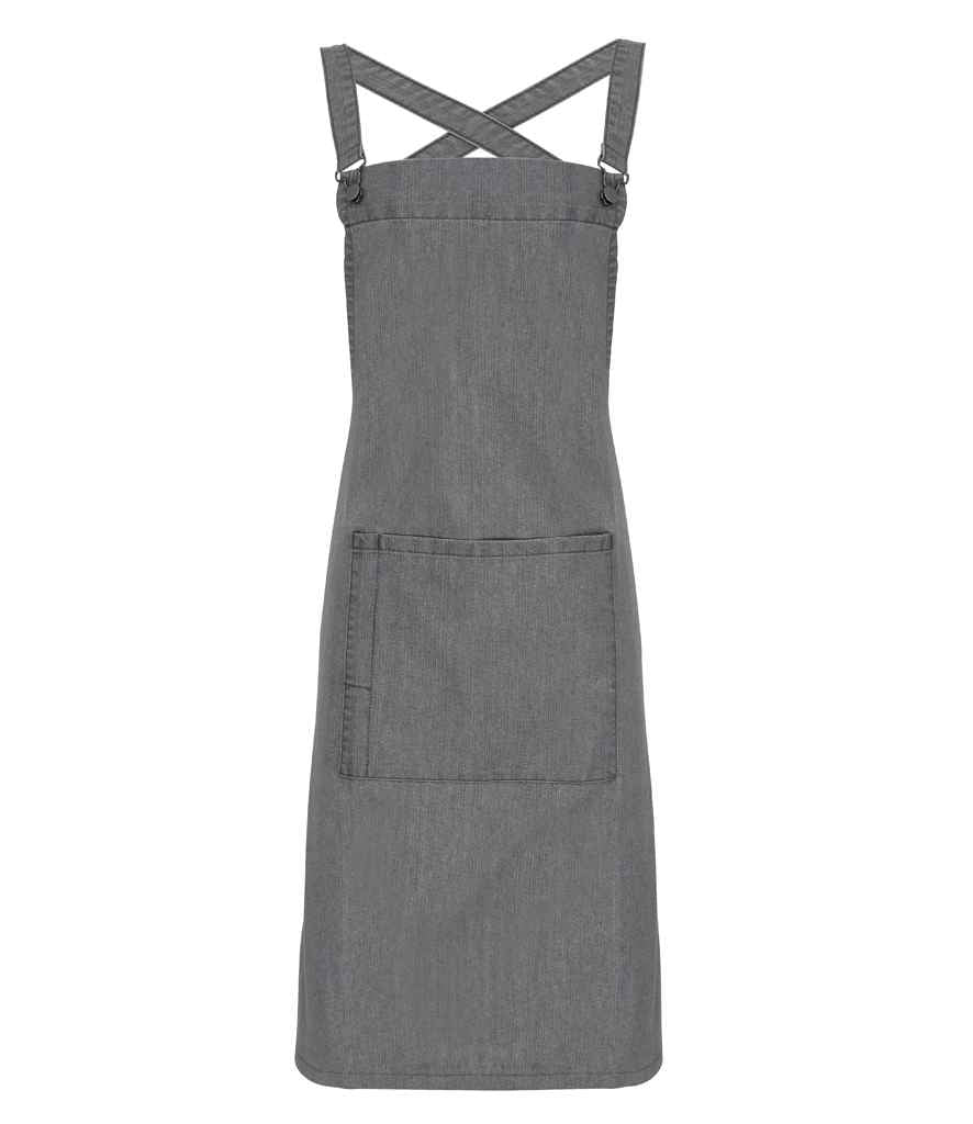 Premier Cross Back Barista Bib Apron in ONE Grey Denim by Premier — Custom branded clothing by Print Press, featuring premium embroidery produced in our specialist print lab in the UK.