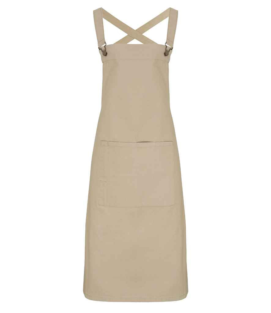 Premier Cross Back Barista Bib Apron in ONE Khaki by Premier — Custom branded clothing by Print Press, featuring premium embroidery produced in our specialist print lab in the UK.