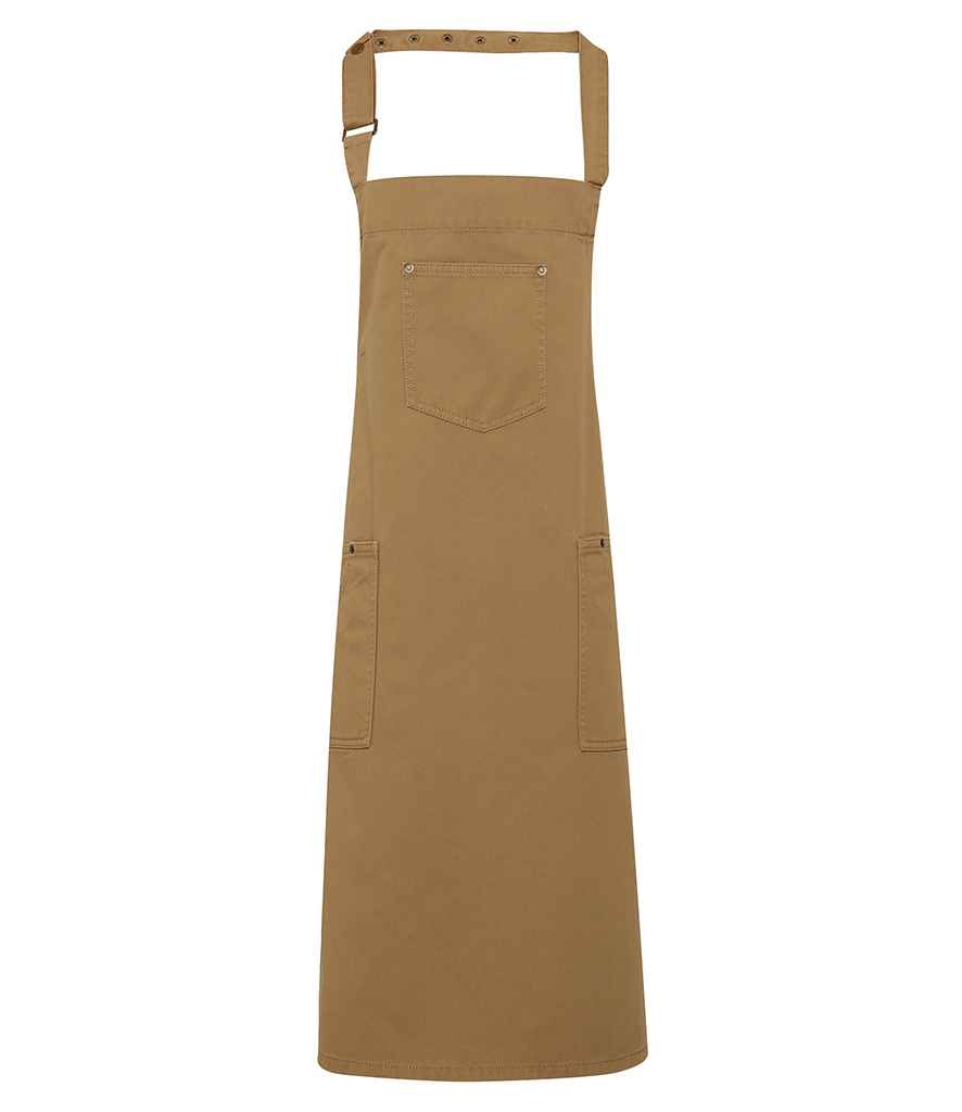 Premier Cotton Chino Bib Apron in ONE Khaki by Premier — Custom branded clothing by Print Press, featuring premium embroidery produced in our specialist print lab in the UK.
