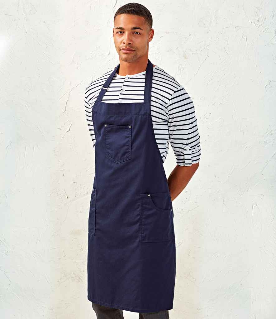 Premier Cotton Chino Bib Apron in ONE Navy by Premier — Custom branded clothing by Print Press, featuring premium embroidery produced in our specialist print lab in the UK.