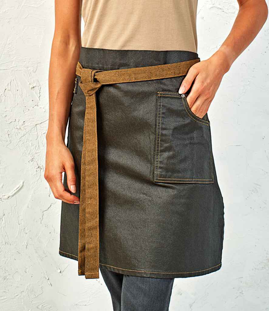 Premier Division Waist Apron in ONE Black Tan Denim by Premier — Custom branded clothing by Print Press, featuring premium embroidery produced in our specialist print lab in the UK.
