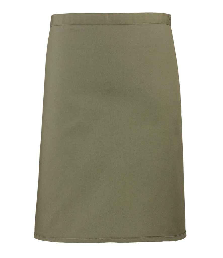 Premier 'Colours' Mid Length Apron in ONE Olive Green by Premier — Custom branded clothing by Print Press, featuring premium embroidery produced in our specialist print lab in the UK.