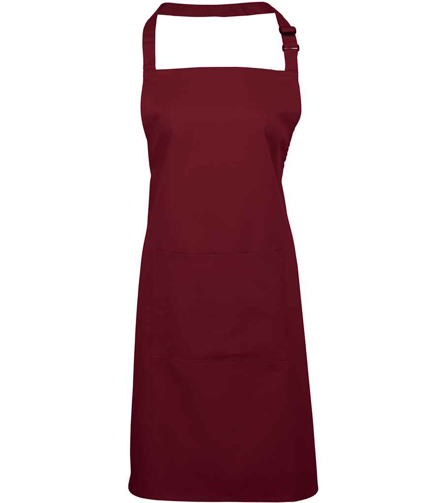 Premier 'Colours' Bib Apron with Pocket in ONE Burgundy by Premier — Custom branded clothing by Print Press, featuring premium embroidery produced in our specialist print lab in the UK.