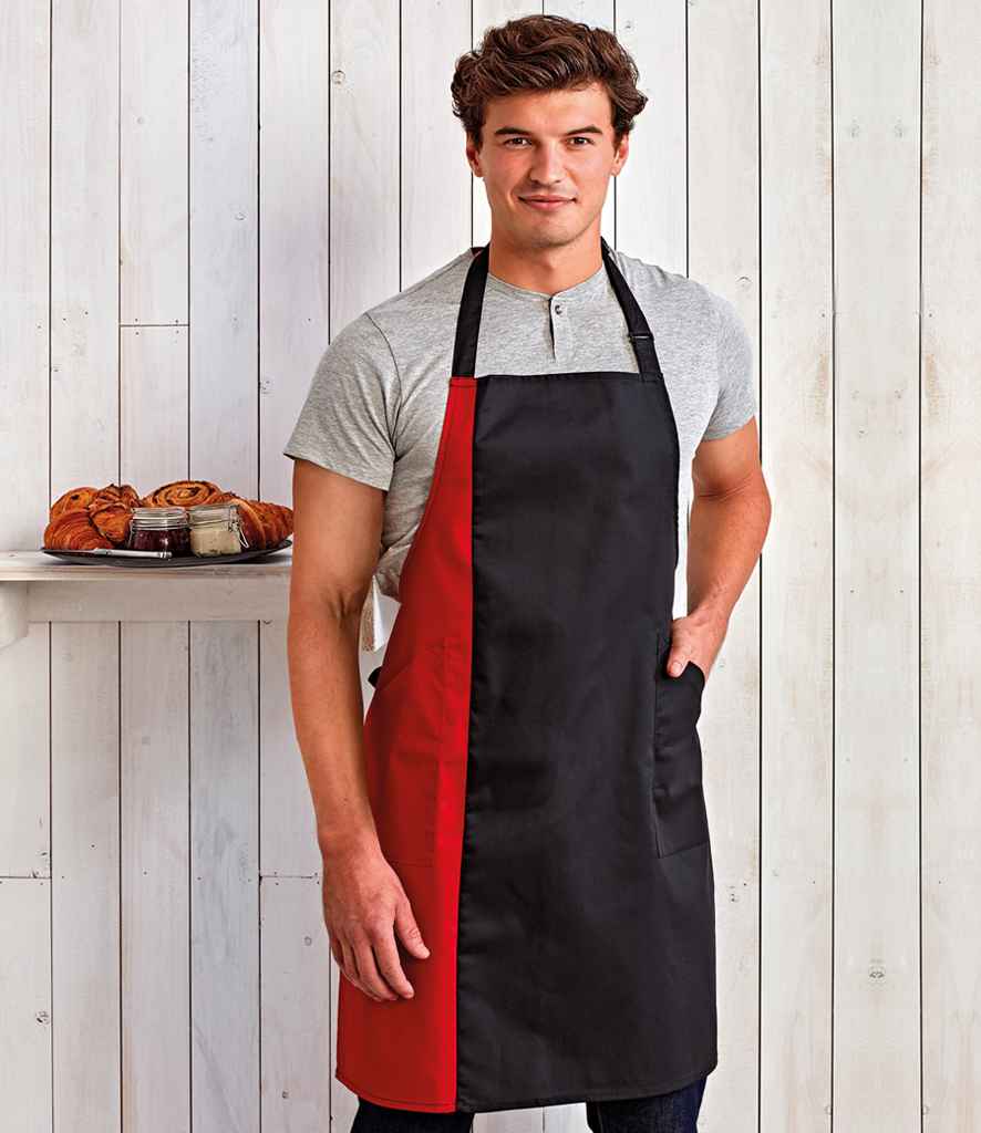 Premier Contrast Bib Apron in ONE Black Red by Premier — Custom branded clothing by Print Press, featuring premium embroidery produced in our specialist print lab in the UK.