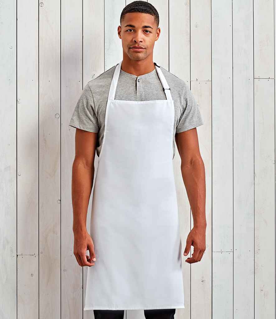Premier Polyester Bib Apron in ONE White by Premier — Custom branded clothing by Print Press, featuring premium embroidery produced in our specialist print lab in the UK.