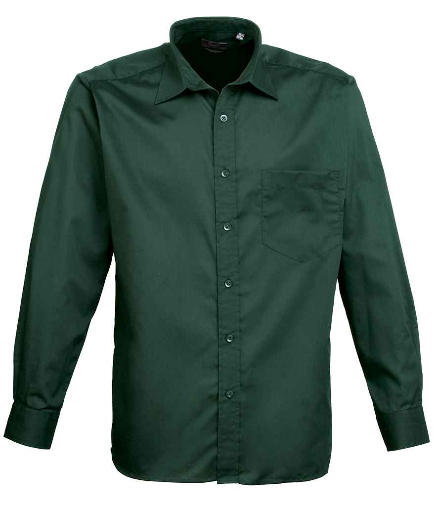 Premier Long Sleeve Poplin Shirt - (4th Colours) in Bottle Green by Premier — Custom branded clothing by Print Press, featuring premium embroidery produced in our specialist print lab in the UK.