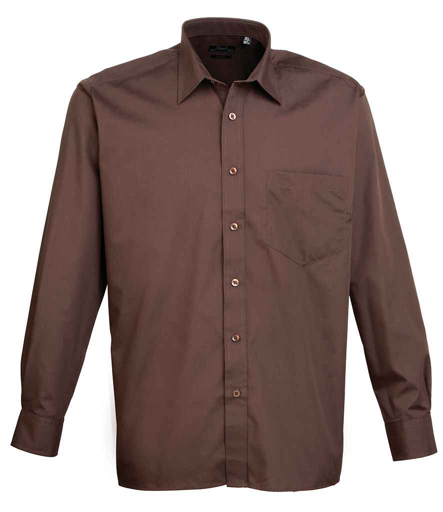 Premier Long Sleeve Poplin Shirt - (3rd Colours) in Brown by Premier — Custom branded clothing by Print Press, featuring premium embroidery produced in our specialist print lab in the UK.